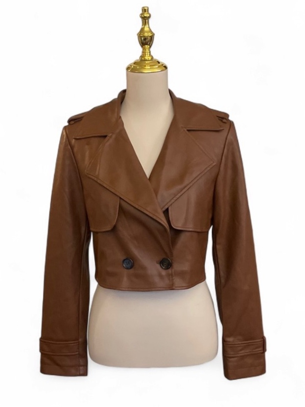 7 For All Mankind Cropped Faux Leather Trench Jacket Cognac Brown Small